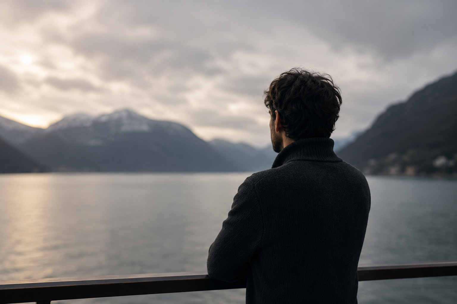Ein Mann steht ruhig an einem See und blickt auf neblige Berge. Das Bild symbolisiert hohe Wahrnehmung, innere Einkehr und den Wunsch nach Klarheit.