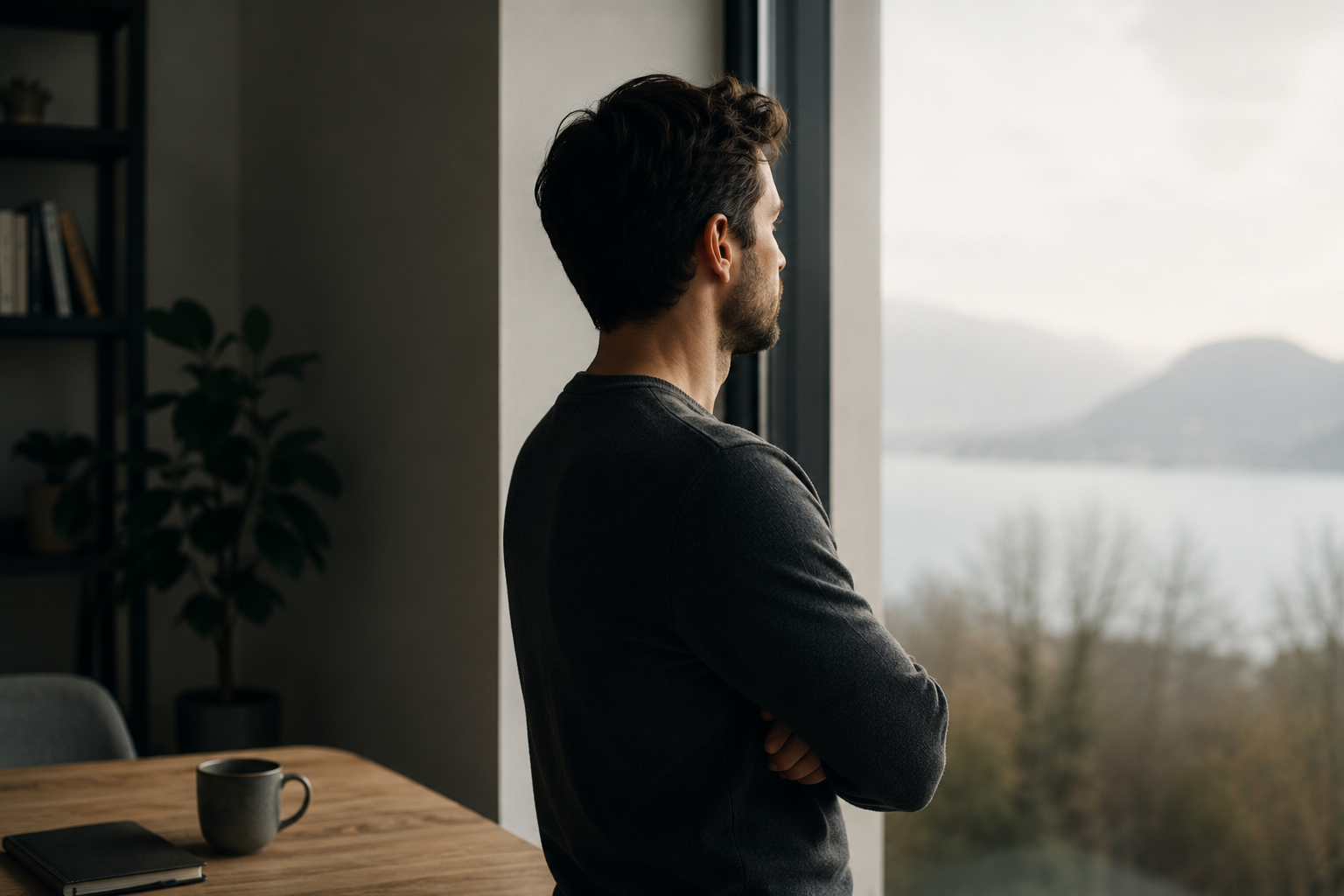 Ein Mann steht ruhig an einem Fenster und blickt nach draussen. Das Bild symbolisiert Neurosensitivität, innere Wahrnehmung und stille Klarheit.