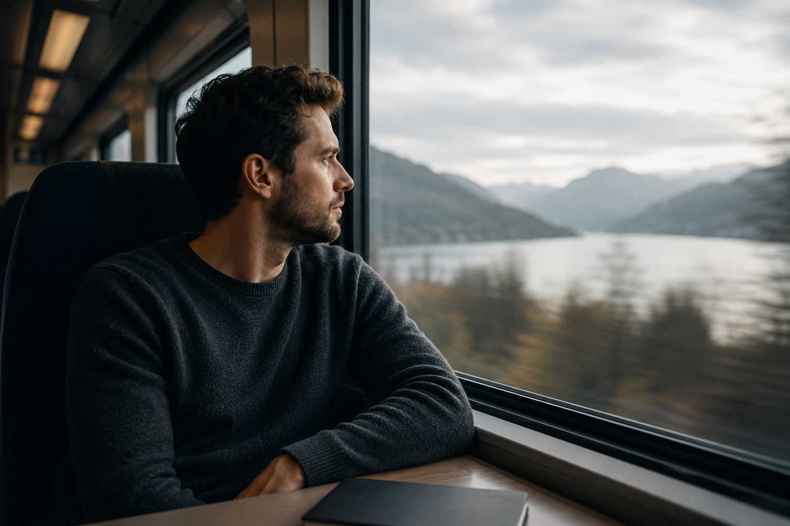 Ein Mann sitzt ruhig im Zug und blickt aus dem Fenster auf eine vorbeiziehende Landschaft mit Bergen und See. Das Bild symbolisiert innere Verarbeitung, hohe Wahrnehmung und den Wunsch nach klarer Einordnung.