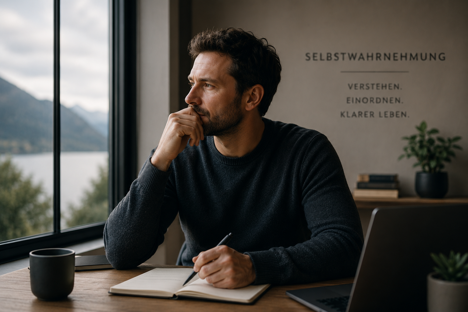 Ein Mann sitzt ruhig an einem Tisch, schreibt in ein Notizbuch und blickt nachdenklich aus dem Fenster. Das Bild symbolisiert Selbstwahrnehmung, innere Einordnung und den ersten Schritt zu mehr Klarheit.