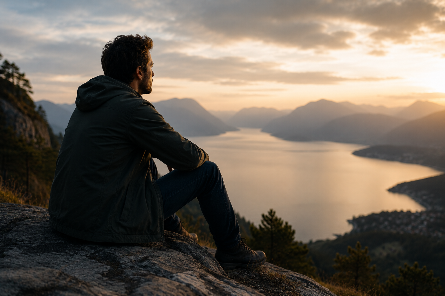 Ein Mann sitzt ruhig auf einem Felsen und blickt über eine weite Landschaft. Das Bild symbolisiert Nachdenken, hohe Wahrnehmung und den Wunsch nach innerer Klarheit.
