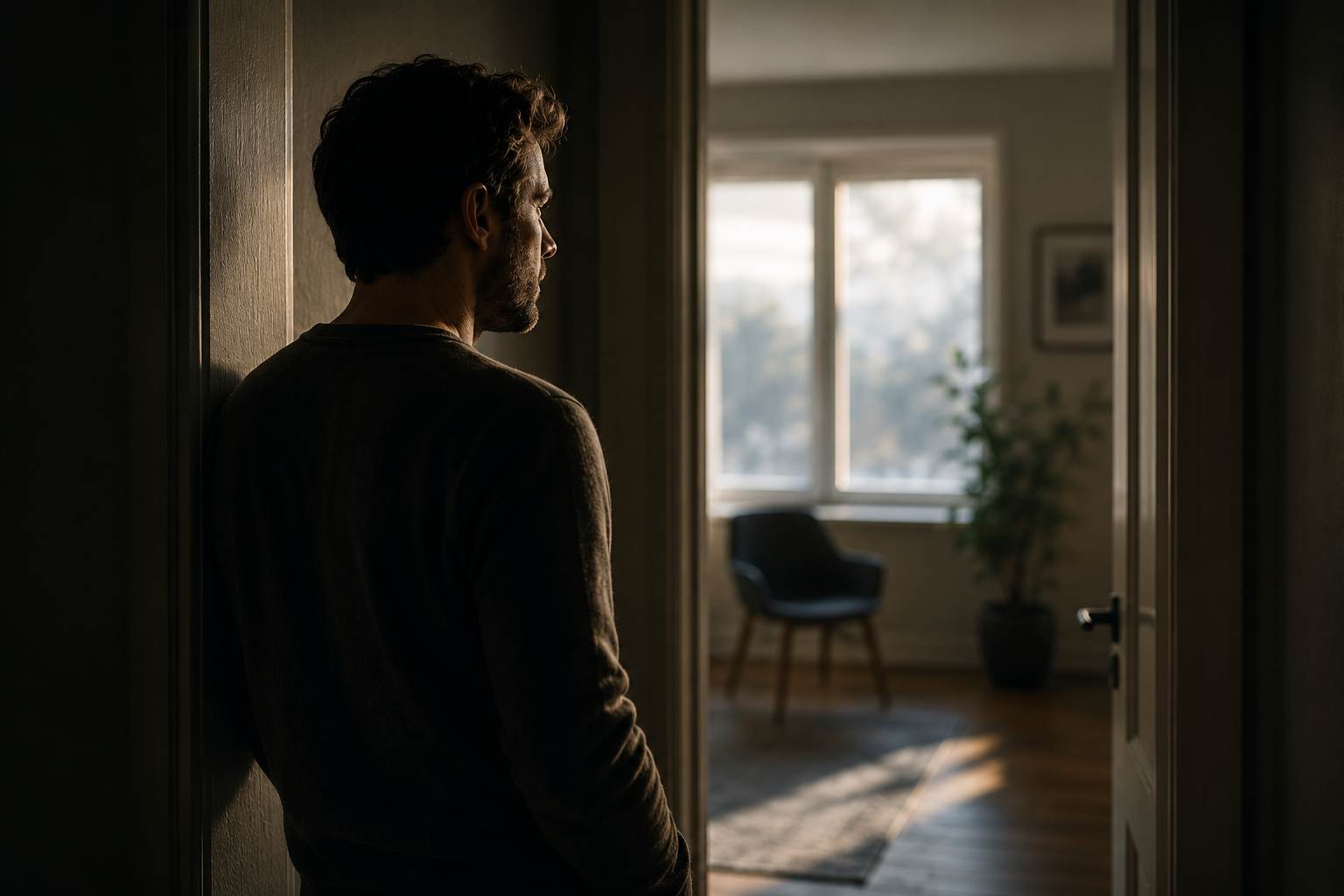 Ein Mann steht ruhig an einer Türschwelle im gedämpften Licht. Das Bild symbolisiert Selbstzweifel, innere Wahrnehmung und den Schritt zu mehr Klarheit.