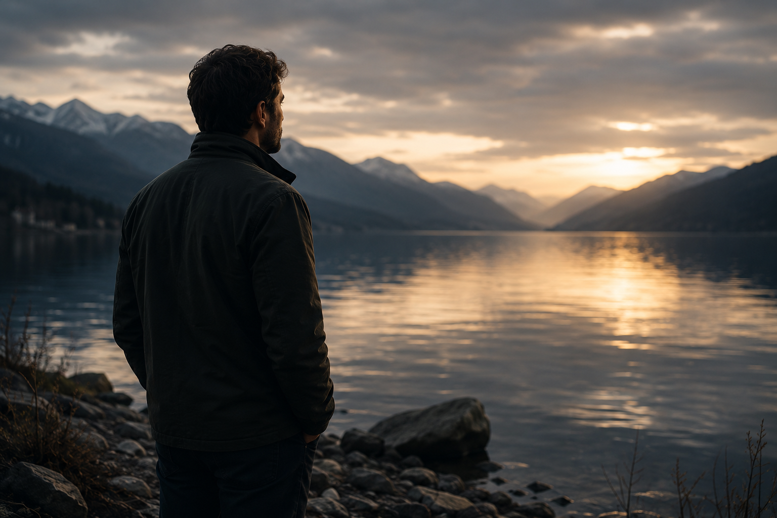Ein Mann steht ruhig am Wasser und blickt in eine weite Landschaft. Das Bild symbolisiert Vantage-Sensitivität, hohe Wahrnehmung, innere Stabilität und stille Belastung.