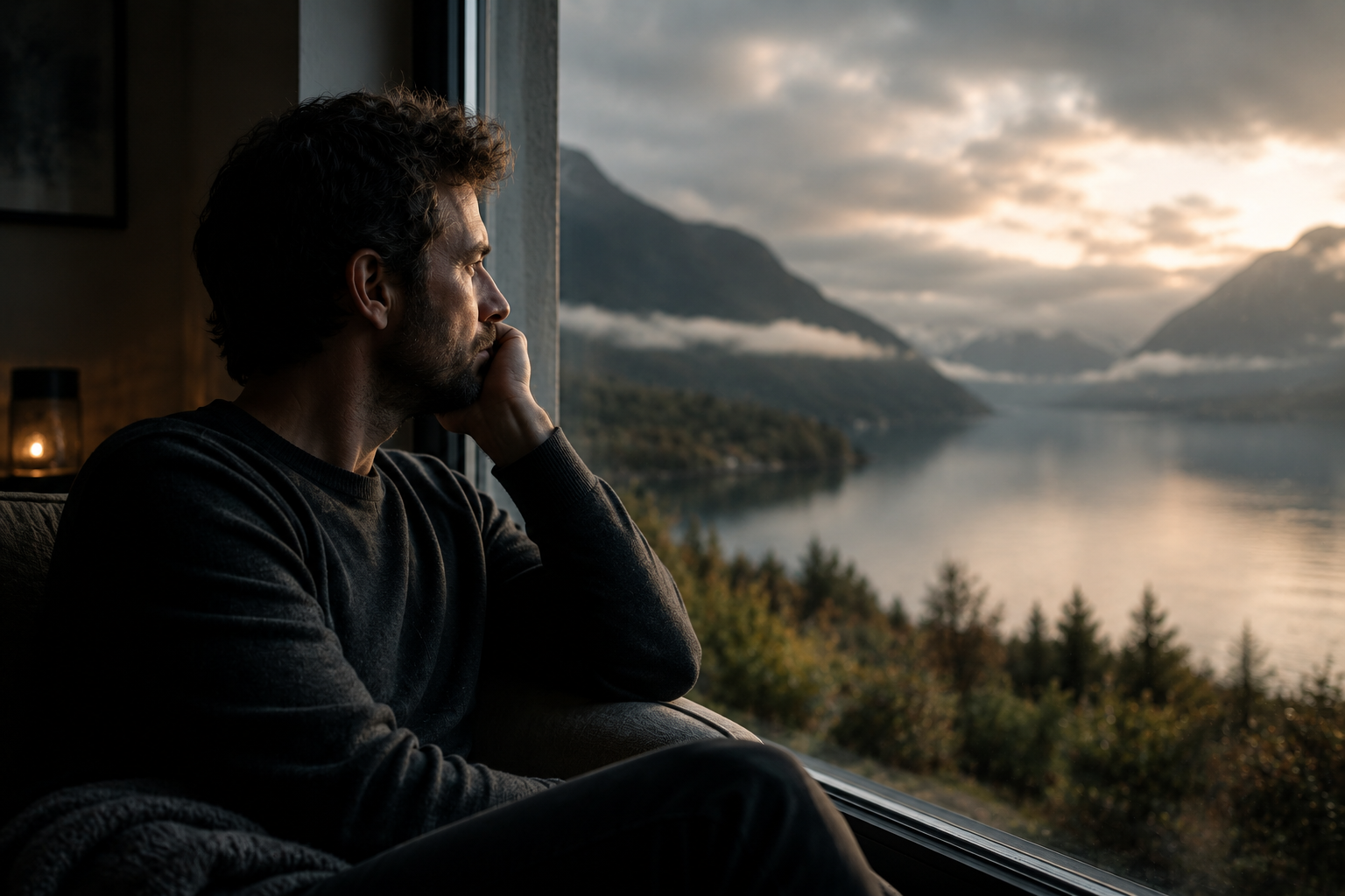 Ein Mann sitzt ruhig am Wasser zwischen Licht und Schatten. Das Bild symbolisiert generelle Sensitivität, hohe Wahrnehmung und Offenheit für gute und belastende Einflüsse.