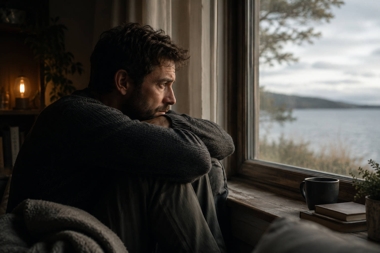 Ein Mann sitzt ruhig in einem geschützten Raum am Fenster. Das Bild symbolisiert vulnerable Sensitivität, Rückzug, hohe Wahrnehmung und den Wunsch nach innerer Stabilität.