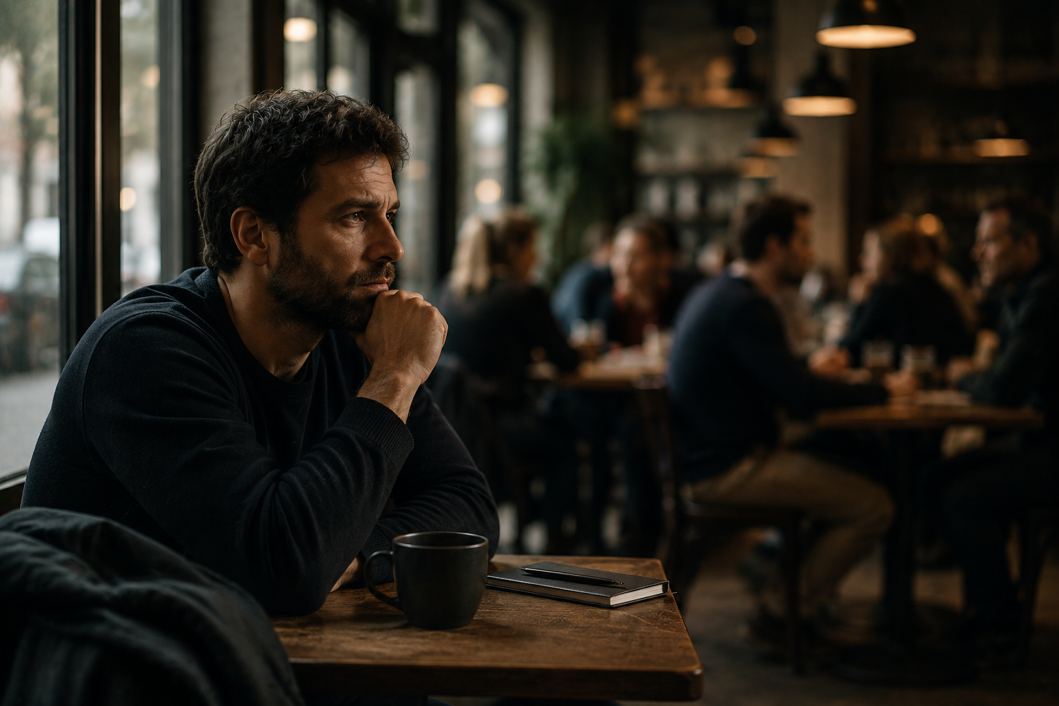 Ein Mann sitzt ruhig in einem Café, während im Hintergrund Menschen unscharf sichtbar sind. Das Bild symbolisiert viele Kontakte, wenig echte Verbindung und den Wunsch nach tragfähigen Gegenübern.