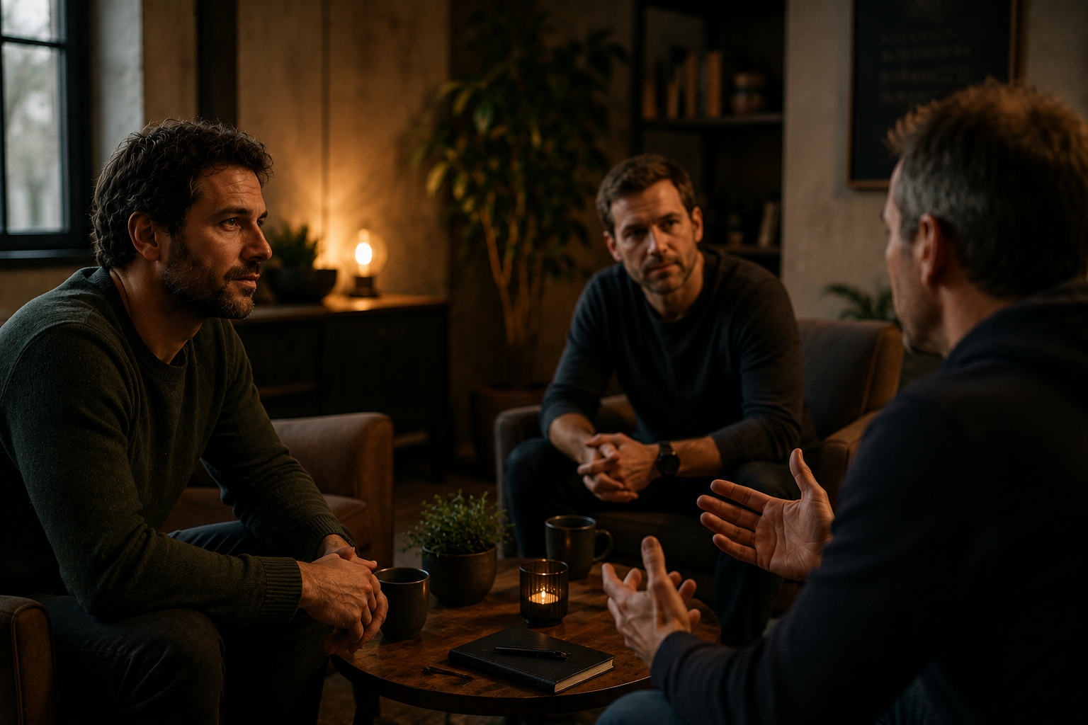 Drei Männer sitzen in einem warmen, ruhigen Raum im Gespräch. Das Bild symbolisiert den MännerHub als geschützten Raum für hohe Wahrnehmung, Verbindung und echte Gegenüber.