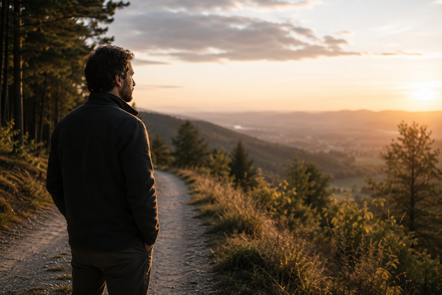 Ein Mann steht ruhig auf einem Weg zwischen Wald und offener Landschaft und blickt in die Ferne. Das Bild symbolisiert Selbstführung aus Wahrnehmung, inneren Stand und klare Orientierung.